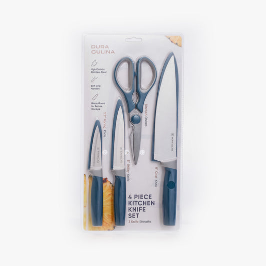 4 Piece Kitchen Knife Set- Chef, Utility, Paring, Multi Purpose Shears, and Matching Blade Guards-0